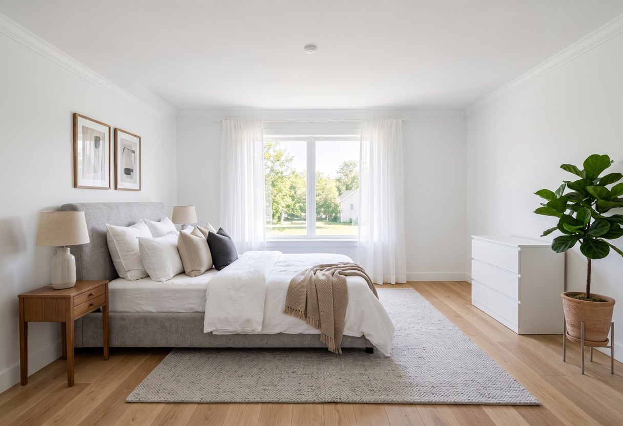 The same bedroom virtually staged with a bed, rug and decor by AI