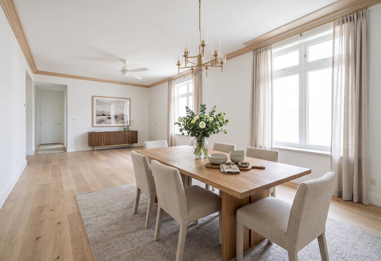 The same dining area virtually staged with a table, chairs and lighting by AI