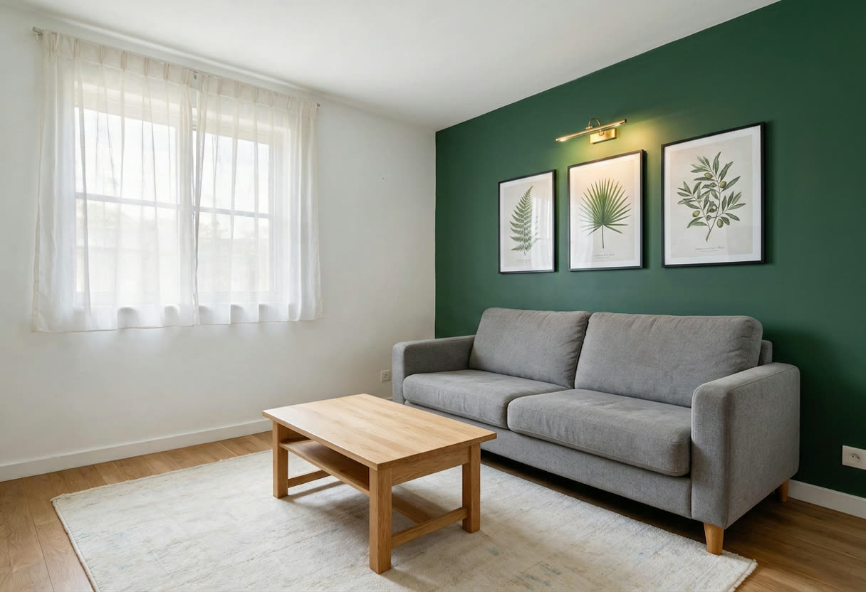 The same living room after AI painted the wall green and added framed prints