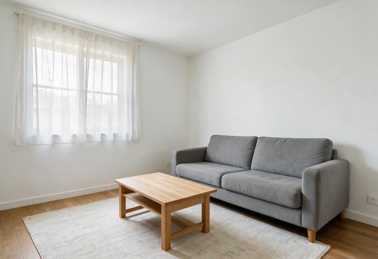 Living room with plain white walls before AI editing