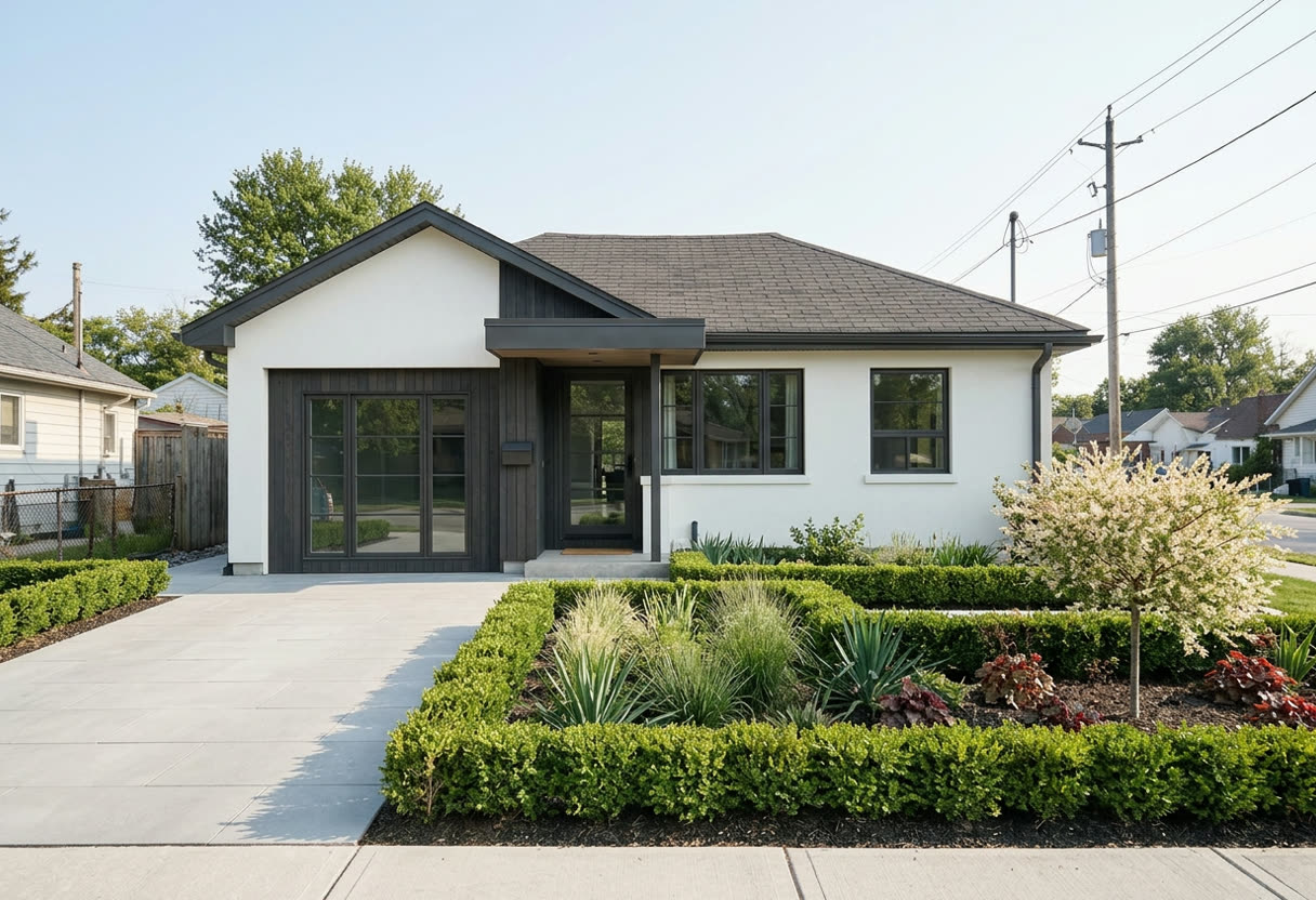 The same bungalow renovated by AI with white render, new windows and planting