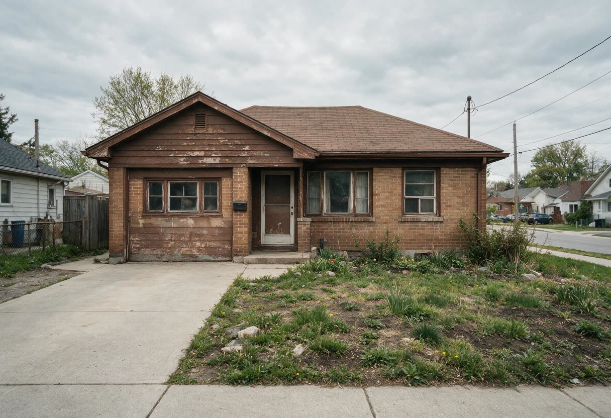 Tired brick bungalow with faded paintwork and an overgrown front garden
