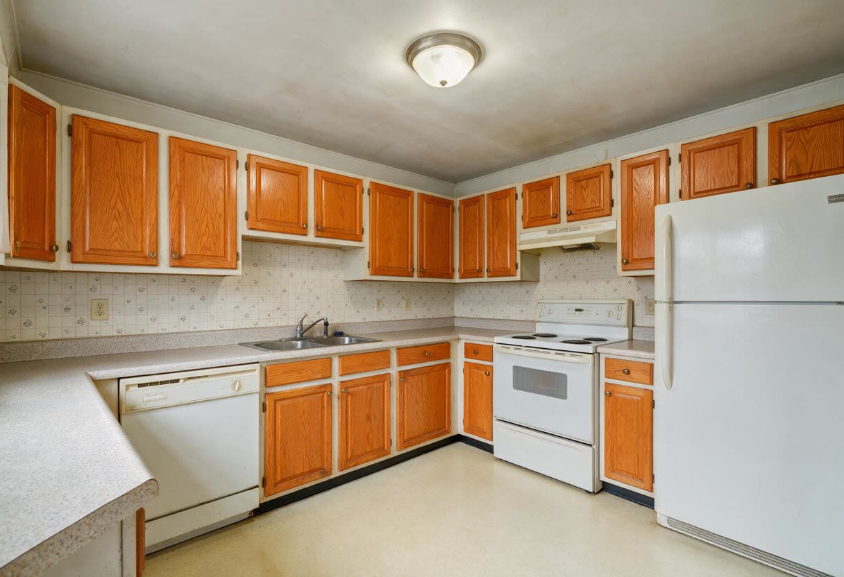 Dated 1990s kitchen with orange oak cabinets and laminate worktops
