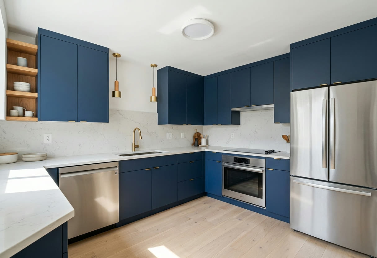 The same kitchen renovated by AI with navy cabinets, quartz worktops and brass fittings