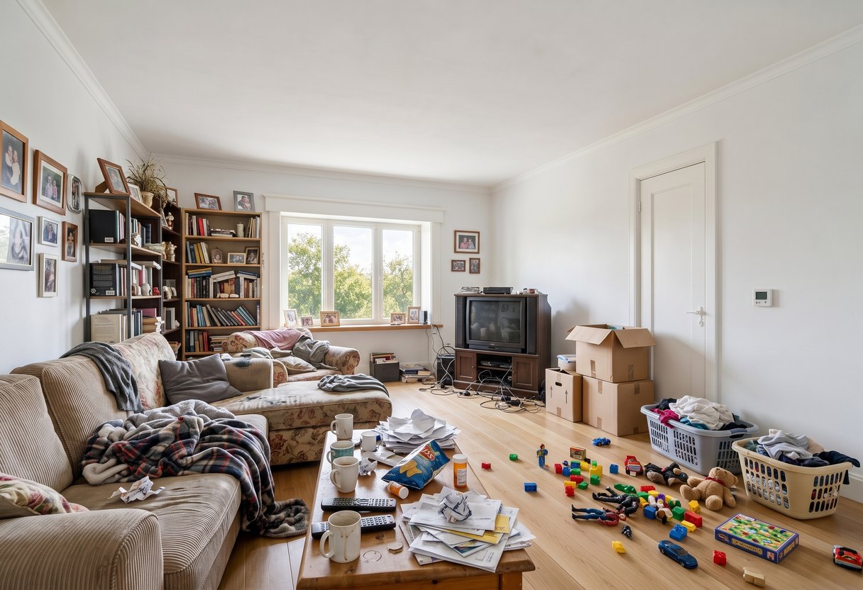 Cluttered occupied living room full of furniture and personal belongings