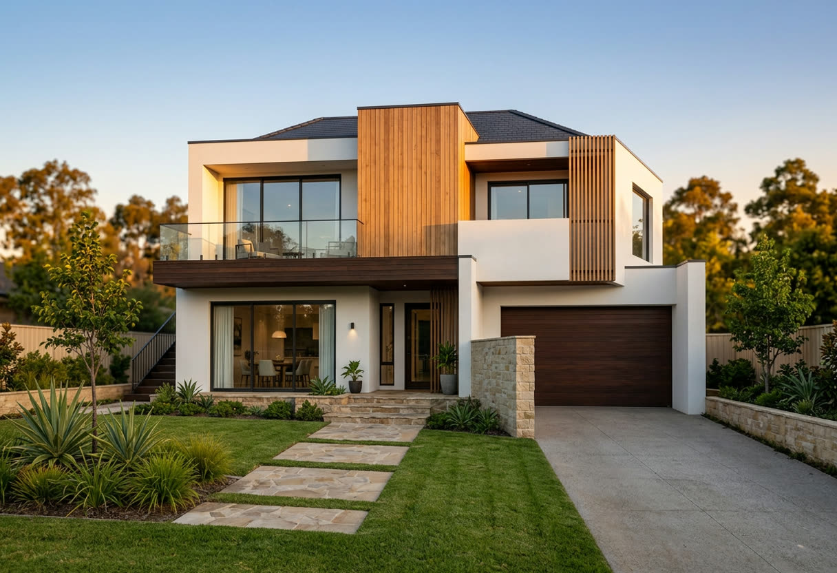 The same house exterior rendered photorealistically by AI with materials and daylight