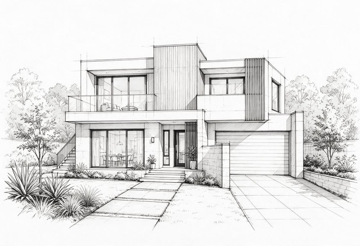 Hand-drawn line drawing of a modern two-storey house exterior
