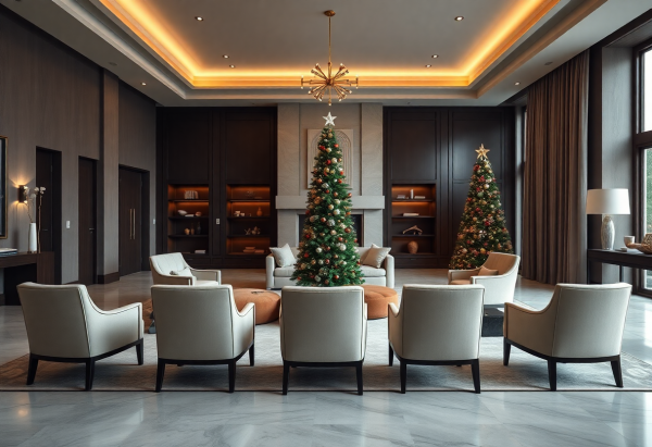 Minimalist interior of a mansion living room (big room) with 6 chairs facing the center of the room and a Christmas tree as well as a fireplace at the back
